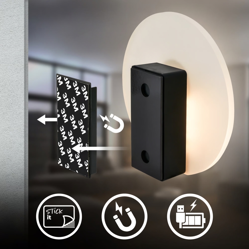 Briloner 3889015 - Applique murale LED rechargeable TARO avec détecteur de mouvement et capteur crépusculaire, LED 2,5 W / 5 V, 1800 mAh, noire