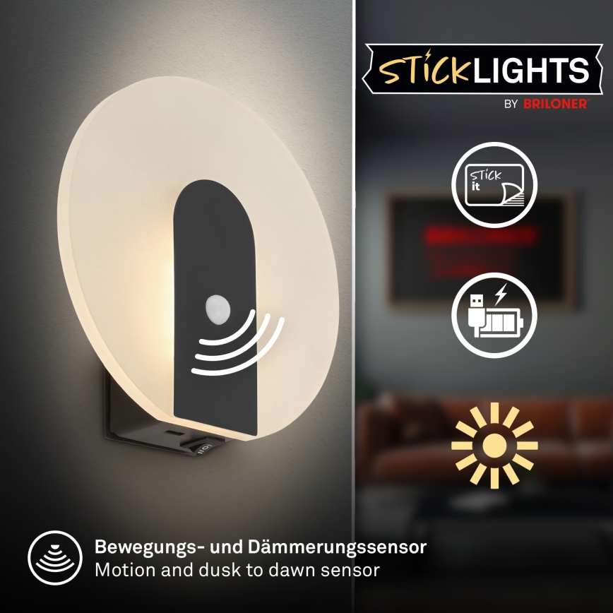 Briloner 3889015 - Oplaadbare LED-wandlamp met bewegings- en schemersensor TARO LED/2,5W/5V 1800 mAh zwart