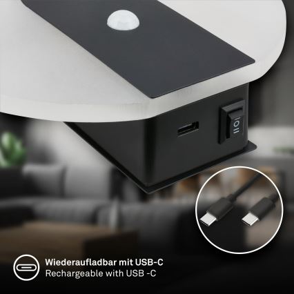 Briloner 3889015 - Oplaadbare LED-wandlamp met bewegings- en schemersensor TARO LED/2,5W/5V 1800 mAh zwart