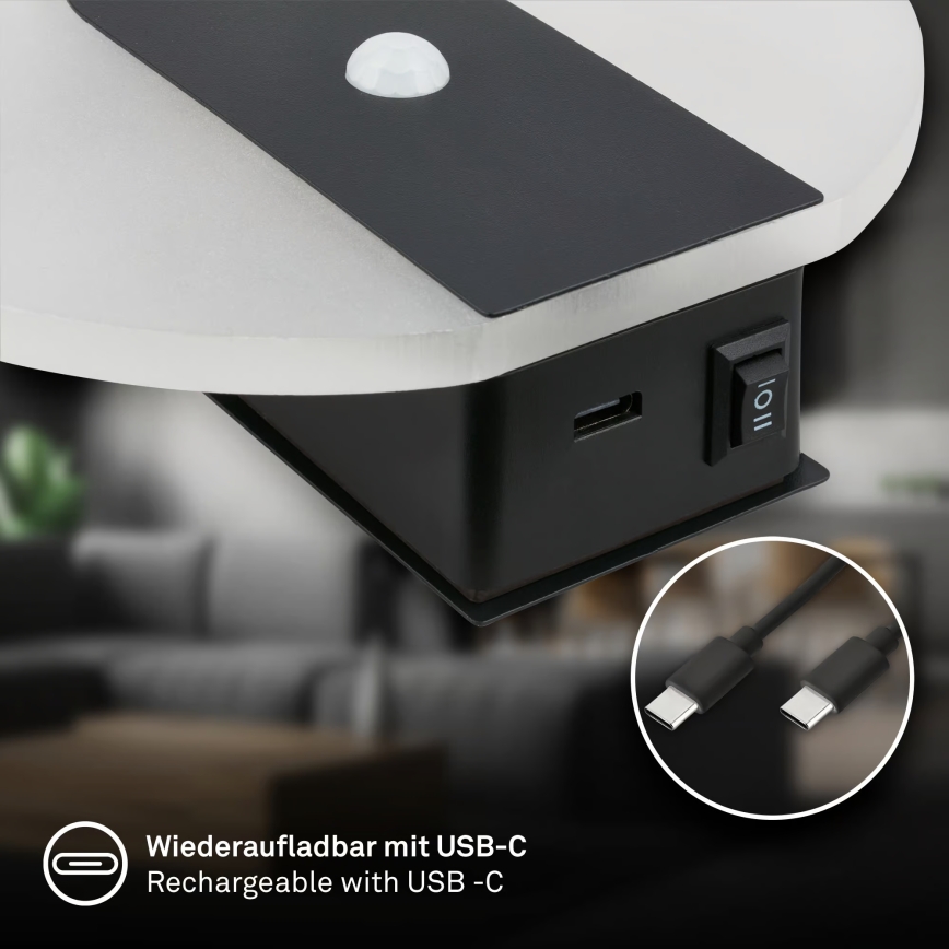 Briloner 3889015 - Oplaadbare LED-wandlamp met bewegings- en schemersensor TARO LED/2,5W/5V 1800 mAh zwart