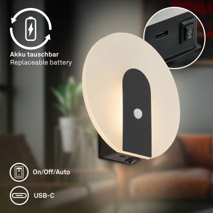 Briloner 3889015 - Oplaadbare LED-wandlamp met bewegings- en schemersensor TARO LED/2,5W/5V 1800 mAh zwart