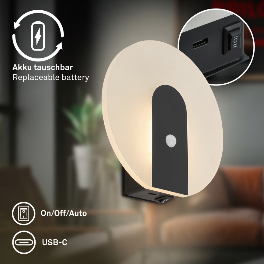 Briloner 3889015 - Oplaadbare LED-wandlamp met bewegings- en schemersensor TARO LED/2,5W/5V 1800 mAh zwart