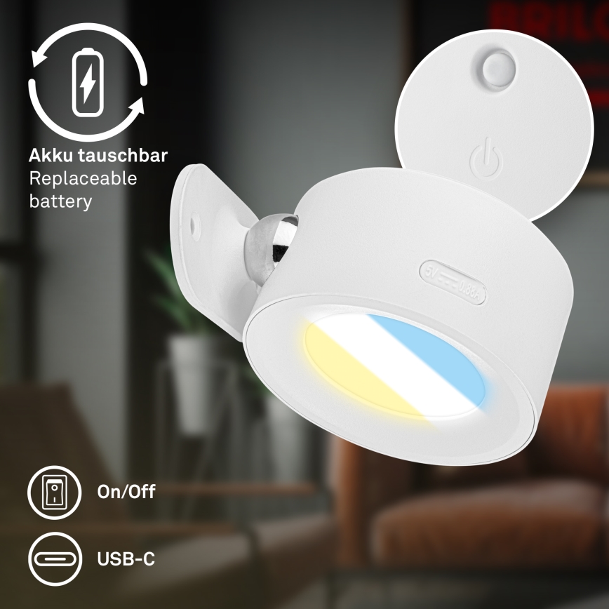 Briloner 3896016 - Applique murale LED rechargeable et dimmable TARI LED/1,6W/5V 1500 mAh, blanche