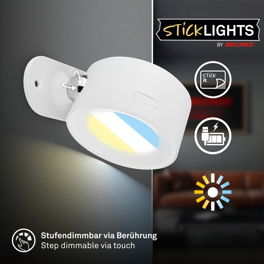 Briloner 3896016 - Applique murale LED rechargeable et dimmable TARI LED/1,6W/5V 1500 mAh, blanche