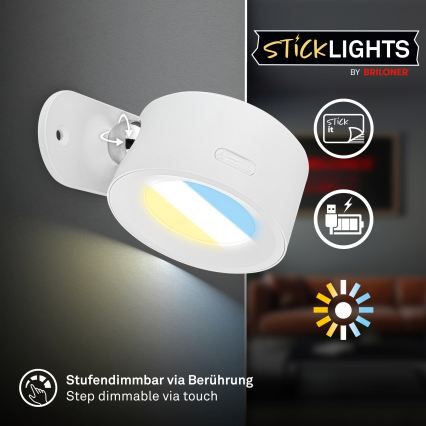 Briloner 3896016 - Dimbare oplaadbare wandlamp TARI LED/1,6W/5V 1500 mAh wit