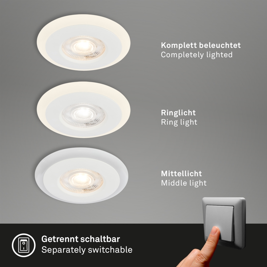 Briloner 7039036 - Set van 3 LED-inbouwspots voor badkamer, LED/5W/230V, IP44, wit