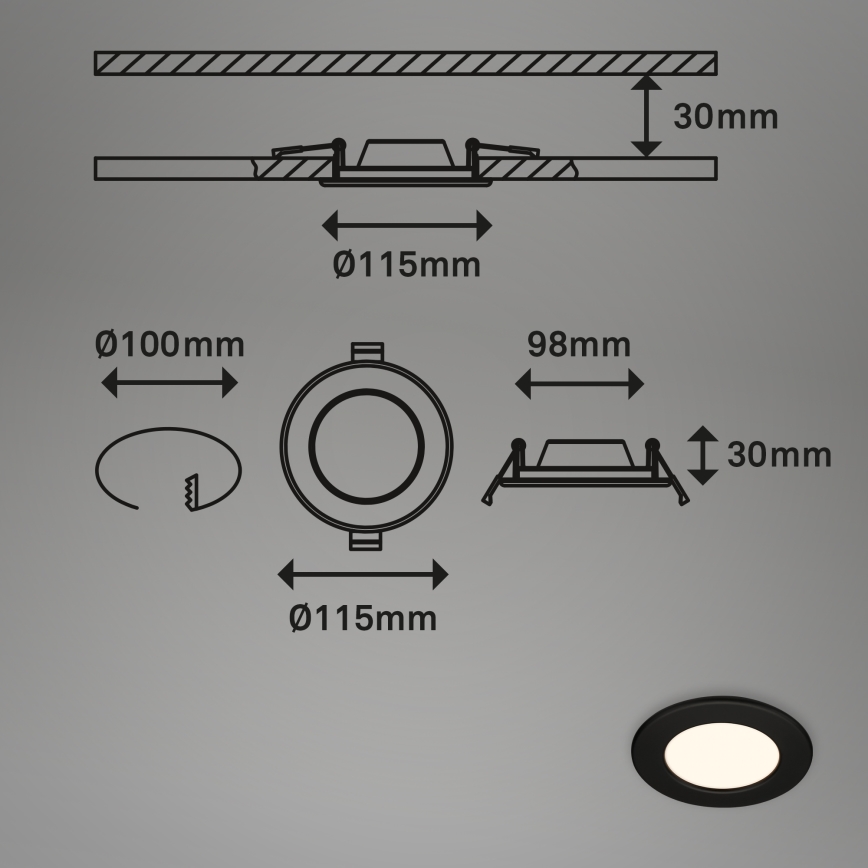 Briloner 7049015 - Plafonnier encastré LED dimmable pour salle de bains LED/6W/230V 3000K IP44 noir