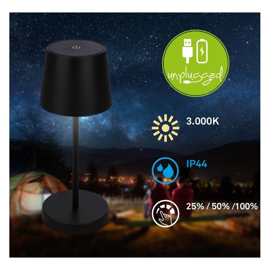 Briloner 7423015 - Lampe de table d'extérieur à intensité variable rechargeable LED/2,6W/5V IP44 2000 mAh noir