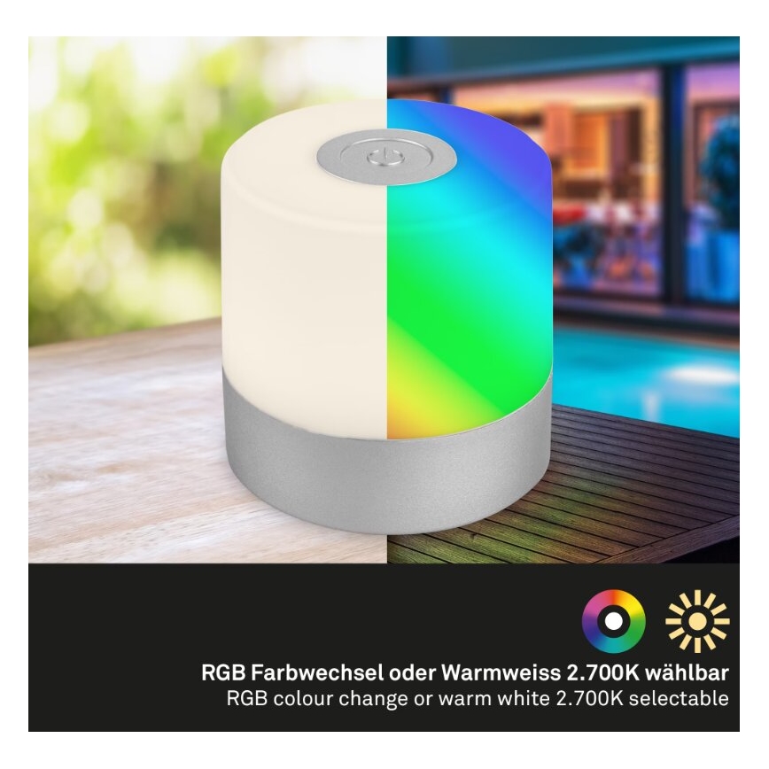 Briloner 7462014 - Lampe de table d'extérieur rechargeable RGB LED/1,5W/5V IP44 1200 mAh chrome mat