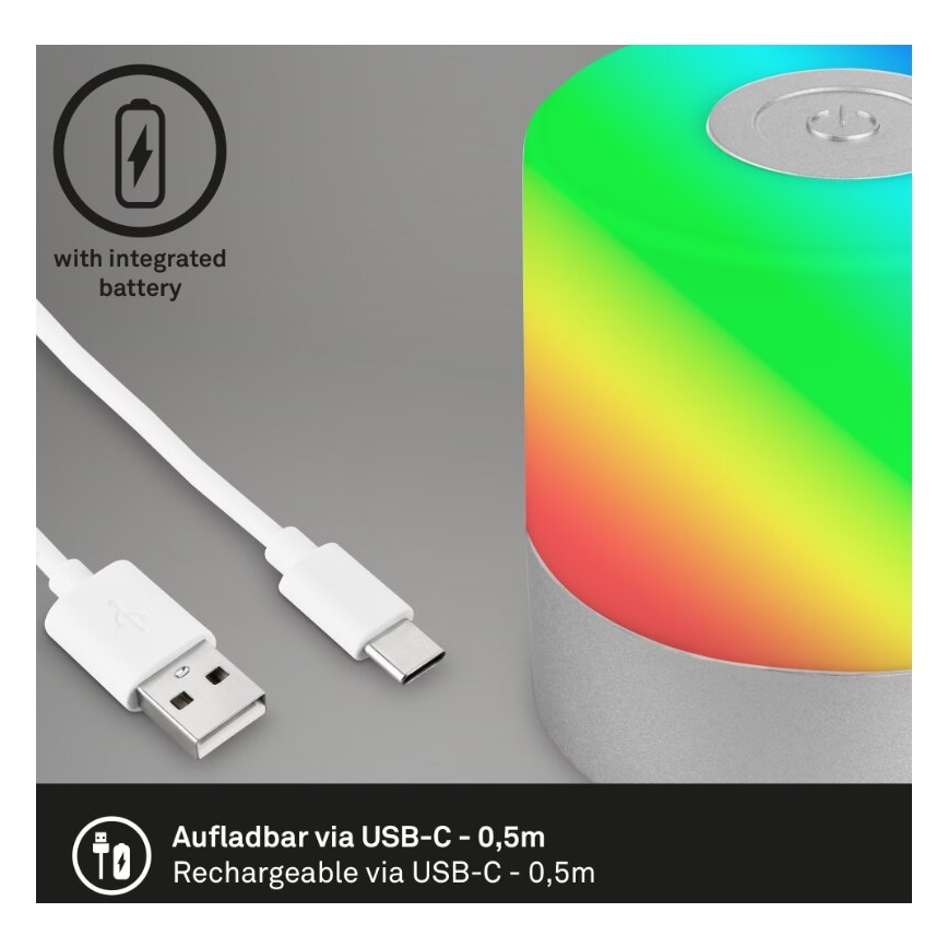Briloner 7462014 - Lampe de table d'extérieur rechargeable RGB LED/1,5W/5V IP44 1200 mAh chrome mat