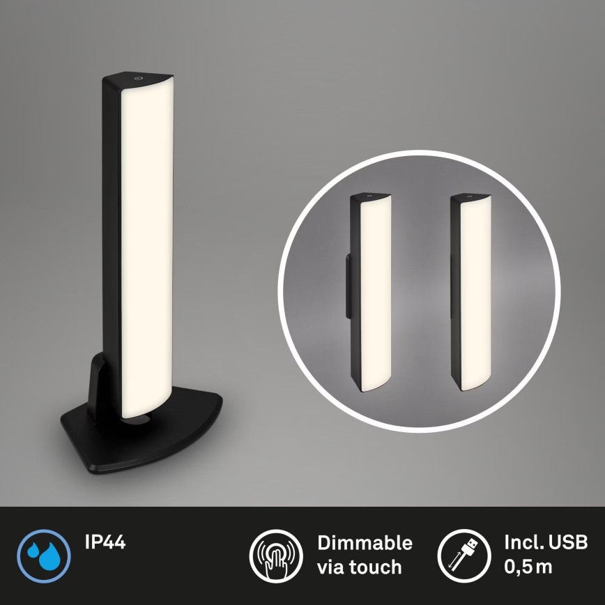 Briloner 7474-015 - Lampe de table d'extérieur à intensité variable et rechargeable 2en1 LED/7W/5V 2x2200 mAh USB 3000K IP44 noir
