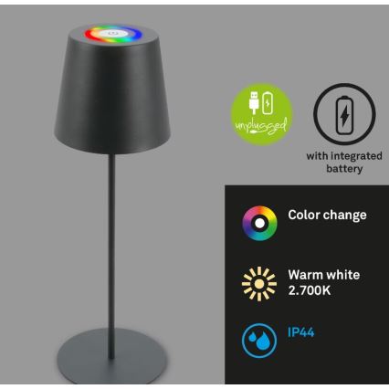 Briloner 7507015 - LED RGB Dimbaar oplaadbaar buitenshuis tafellamp 2in1 LED/2,5W/5V IP44 antraciet
