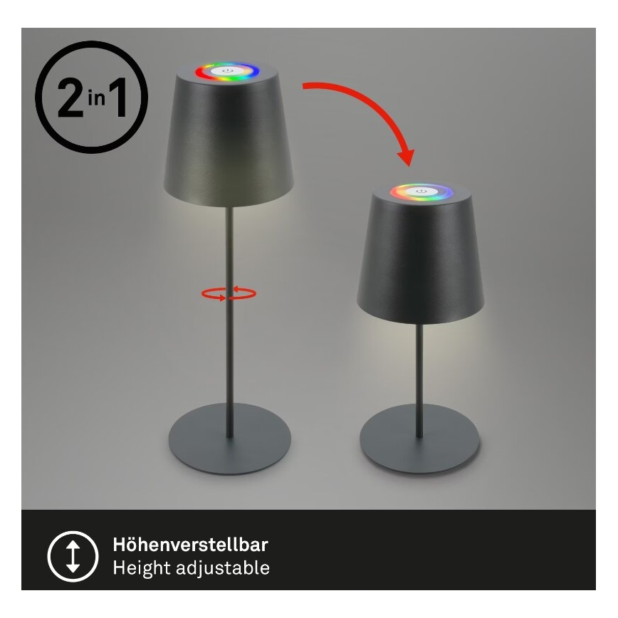 Briloner 7507015 - LED RGB Dimbaar oplaadbaar buitenshuis tafellamp 2in1 LED/2,5W/5V IP44 antraciet