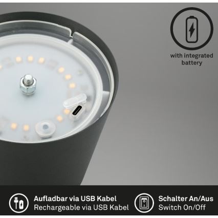 Briloner 7508015 - LED Dimbaar oplaadbaar buitenshuis tafellamp 2in1 LED/2,5W/5V IP44 antraciet