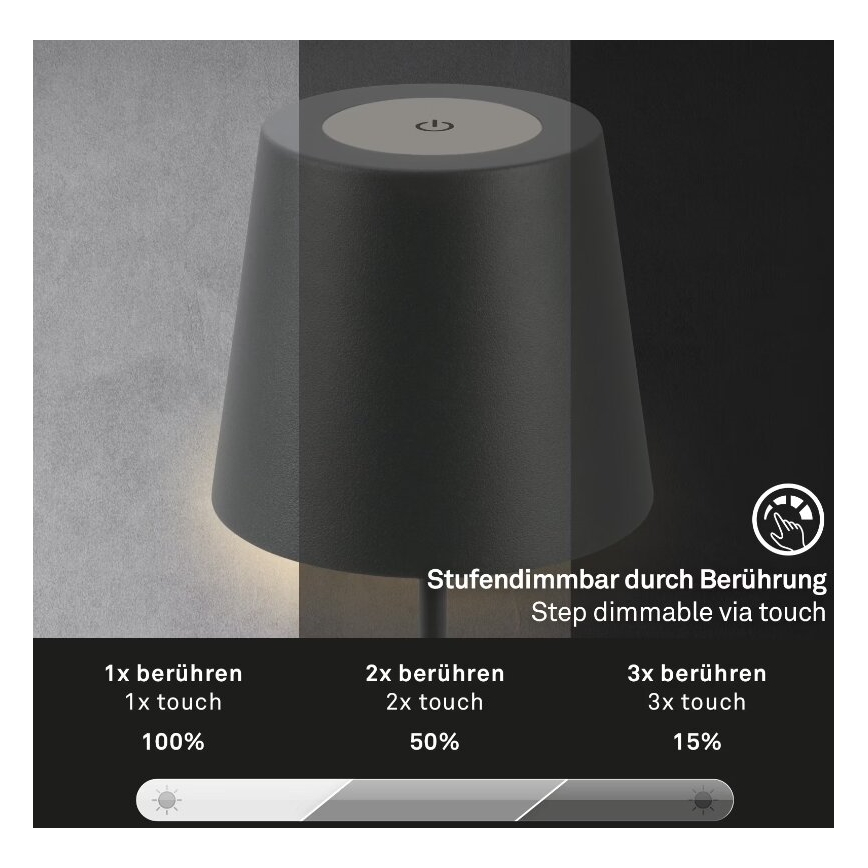 Briloner 7508015 - LED Dimbaar oplaadbaar buitenshuis tafellamp 2in1 LED/2,5W/5V IP44 antraciet