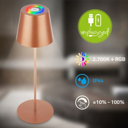 Briloner 7510013 - Lampe de table d'extérieur rechargeable et dimmable LED RGBW CALIDA LED/2,5W/5V IP44 1200 mAh bronze