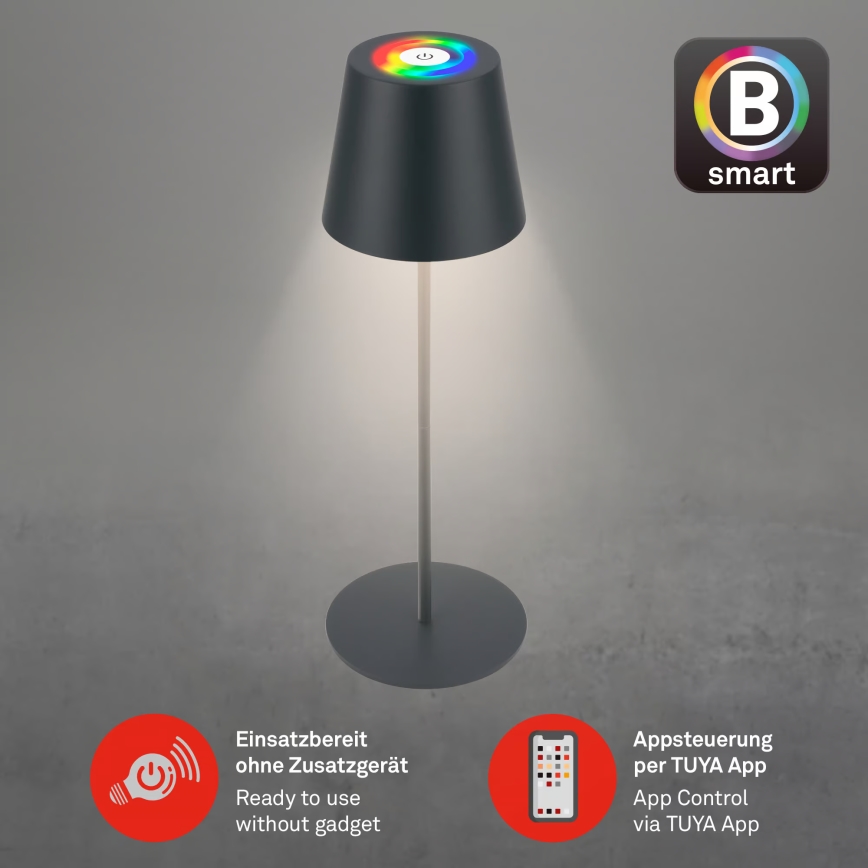 Briloner 7559015 - LED RGB lampe de table d'extérieur rechargeable et dimmable COLORIS LED/3,5W/5V IP44 2000 mAh anthracite Wi-Fi Tuya