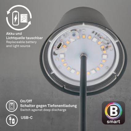 Briloner 7559015 - LED RGB lampe de table d'extérieur rechargeable et dimmable COLORIS LED/3,5W/5V IP44 2000 mAh anthracite Wi-Fi Tuya