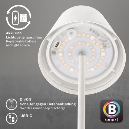 Briloner 7559016 - Lampe de table d'extérieur rechargeable LED RVB dimmable COLORIS LED 3,5W/5V IP44 2000 mAh Wi-Fi Tuya