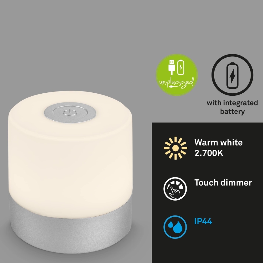 Briloner - Lampe de table d'extérieur LED tactile et dimmable, rechargeable LED/2W/5V 2700K IP44 1200 mAh chrome mat