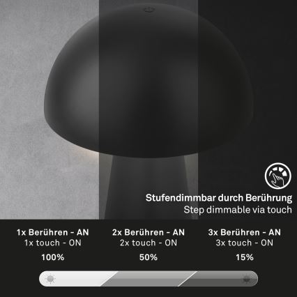 Briloner - Lampe de table d'extérieur tactile dimmable à LED, rechargeable LED/2,6W/5V 3000K IP44 2000 mAh noire