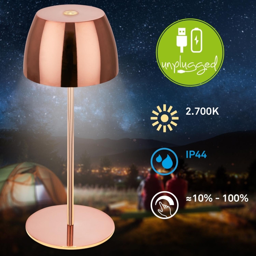Briloner - Lampe de table d'extérieur tactile MINI, dimmable et rechargeable, LED/2,5W/5V IP44 1800 mAh, cuivrée