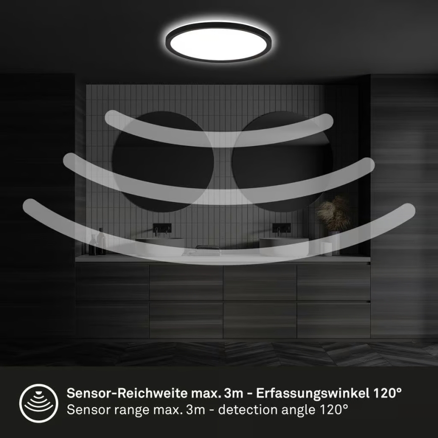 Briloner - LED plafondlamp voor badkamer met bewegingssensor MOVE LED/18W/230V IP44 Ø 29 cm zwart