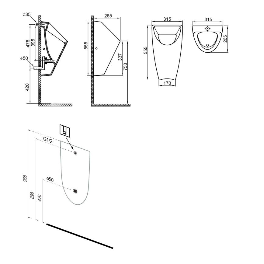 Bruckner - Urinoir SCHWARN, achteraansluiting en achterafvoer, met ingebouwd 6V DC spoelmechanisme, wit