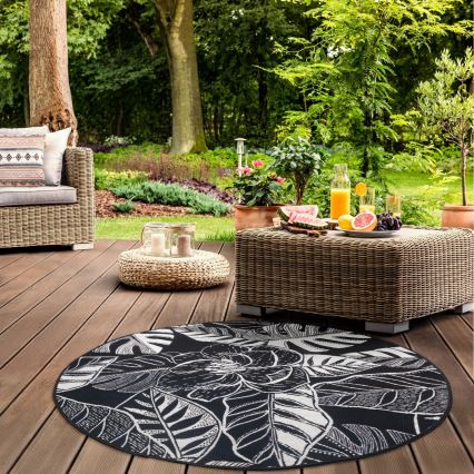 Buiten vloerkleed JUNGLE 135 cm zwart/wit met bladpatroon