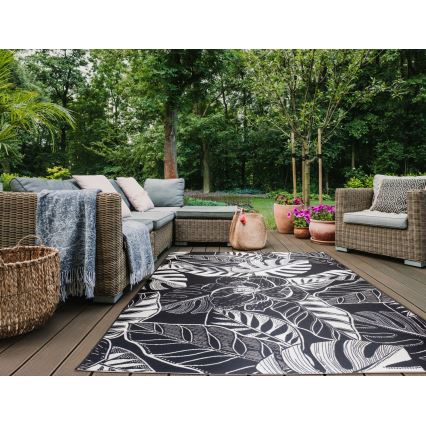Buitenkleed JUNGLE 160x220 cm zwart/wit/bladmotief