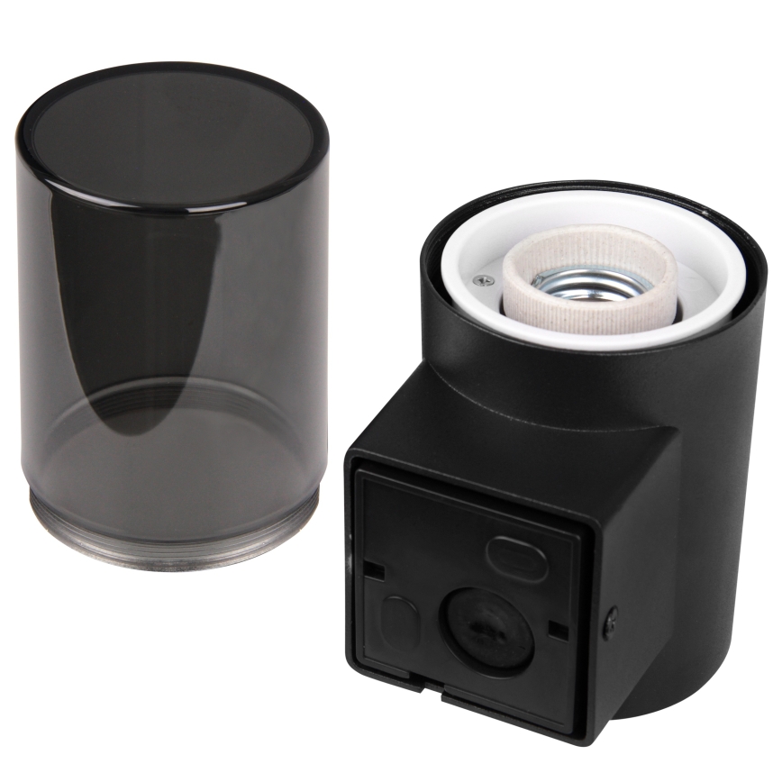 Buitenmuurlamp met bewegings- en schemersensor, 1x E27/40W/230V, IP44, zwart/gerookt glas