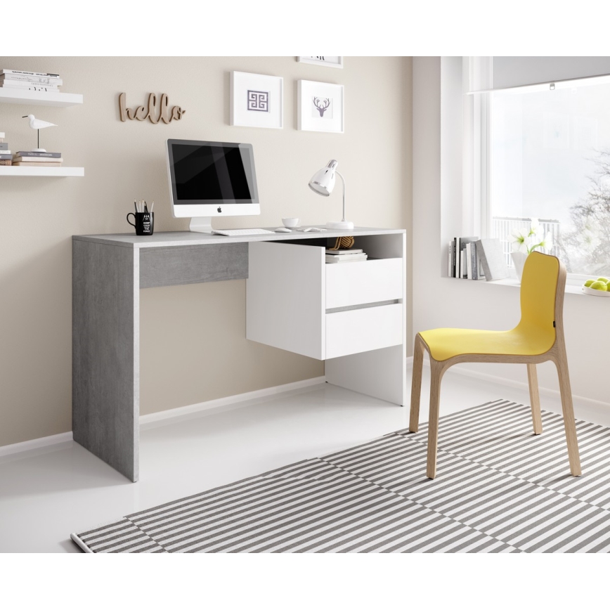 Bureau à tiroirs MARLO gris béton/blanc
