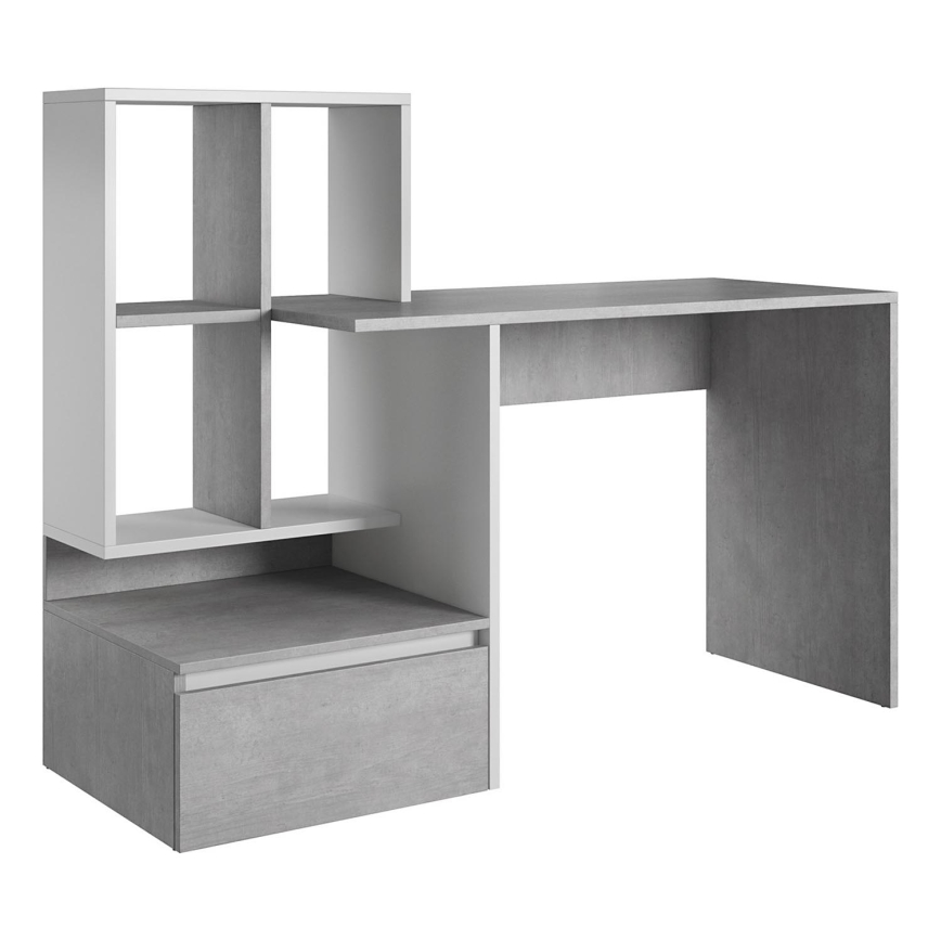Bureau avec étagère MARLO, gris béton/blanc