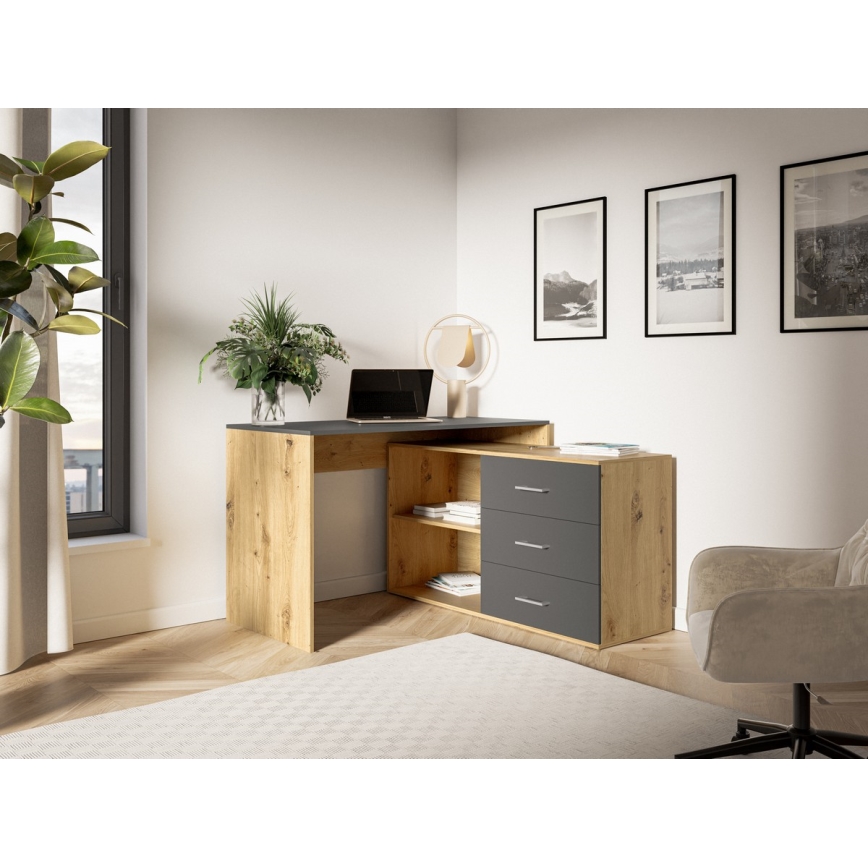 Bureau met lades en omkeerbare hoek (links/rechts) JULES eiken artisan/antraciet