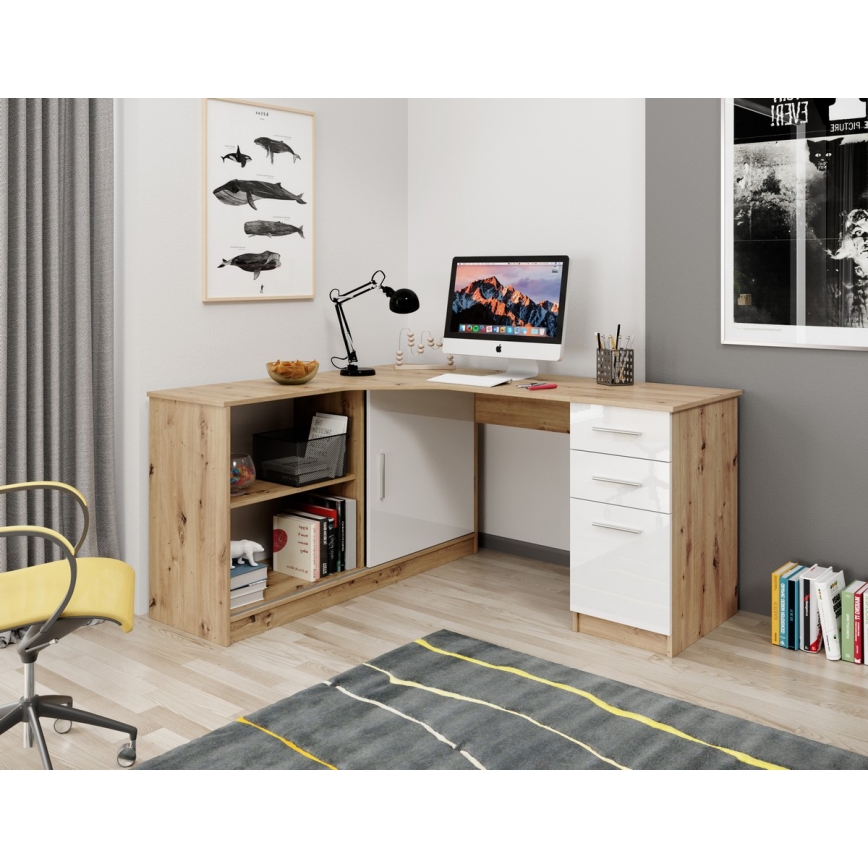Bureau met plank en lades ROBERTO links artisan eik/wit