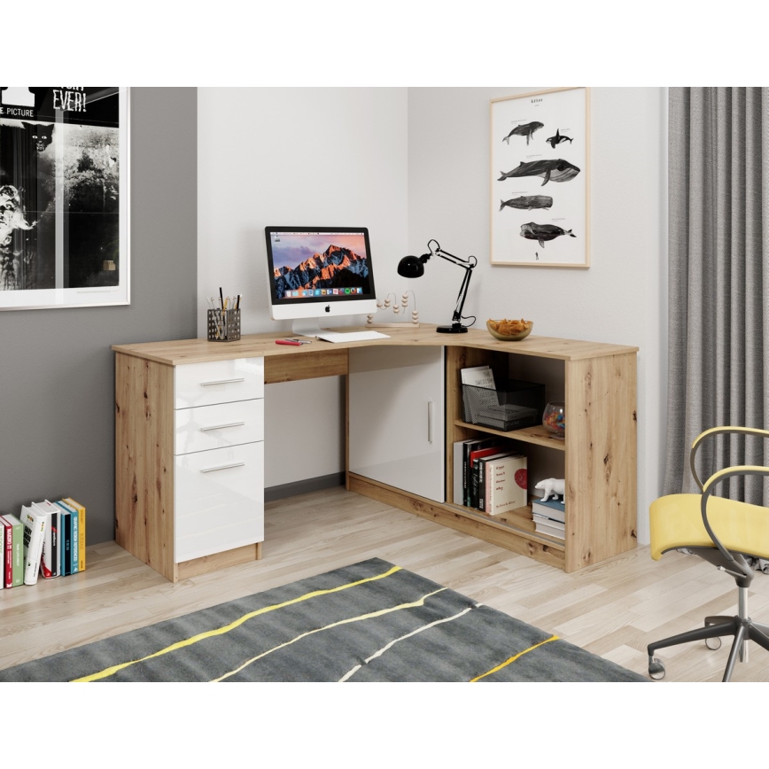 Bureau met plank en lades ROBERTO links artisan eiken/wit