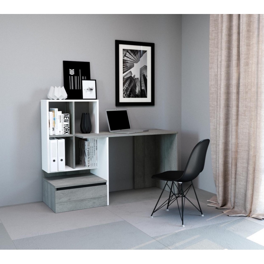 Bureau met plank MARLO betongrijs/wit
