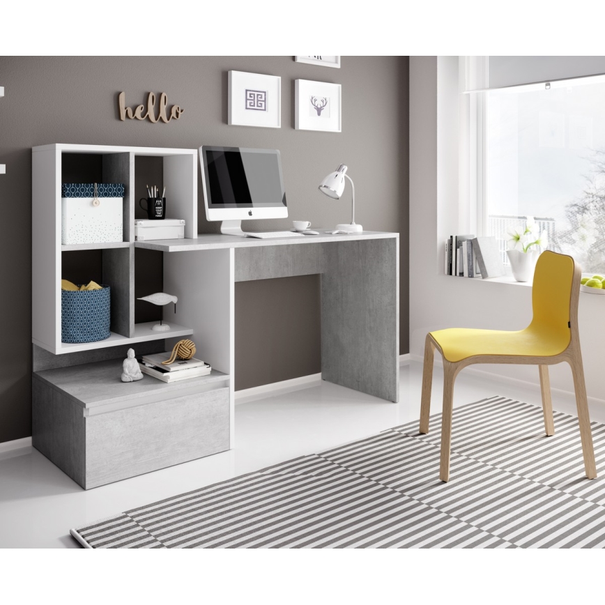 Bureau met plank MARLO betongrijs/wit
