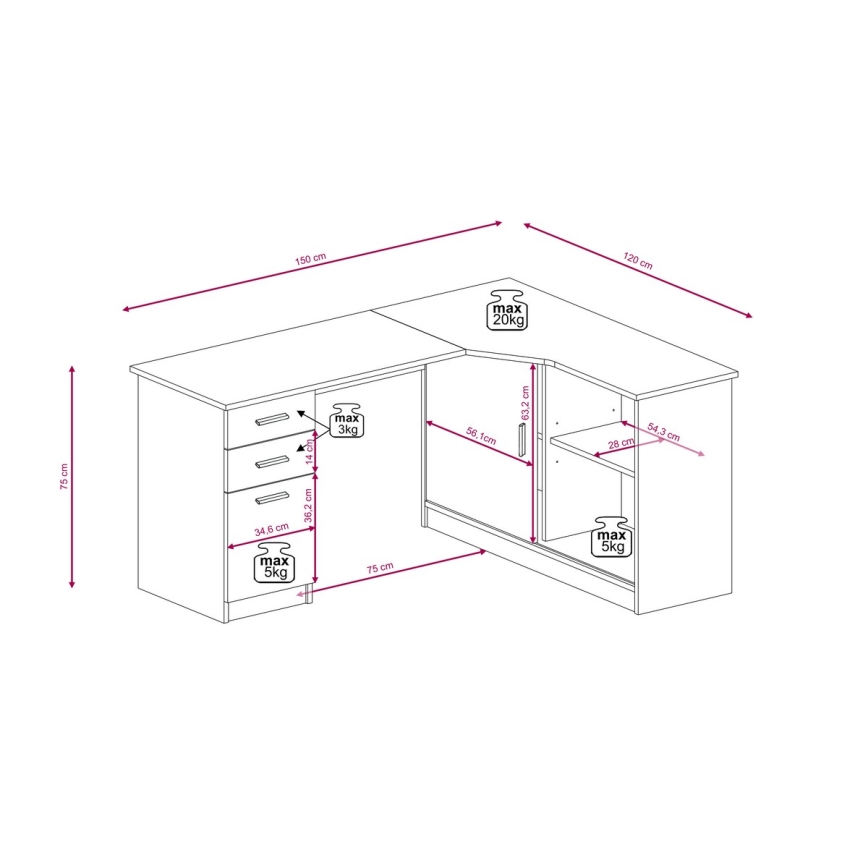 Bureau ROBERTO, version gauche, avec étagère et tiroirs, chêne artisan/blanc