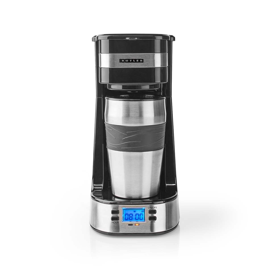 Butler - Machine à café pour une tasse 0,4 l avec minuterie et mug de voyage 750W/230V inox/noir