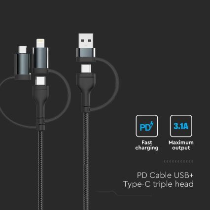 Câble USB USB-A/ USB Lightning / MicroUSB / USB-C Power Delivery 60W 1,2m noir