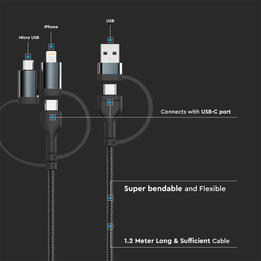 Câble USB USB-A/ USB Lightning / MicroUSB / USB-C Power Delivery 60W 1,2m noir