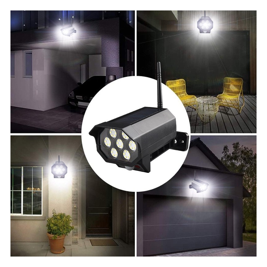 Caméra factice de surveillance LED avec capteur et panneau solaire LED/5W/5,5V 800 mAh IP65 + télécommande