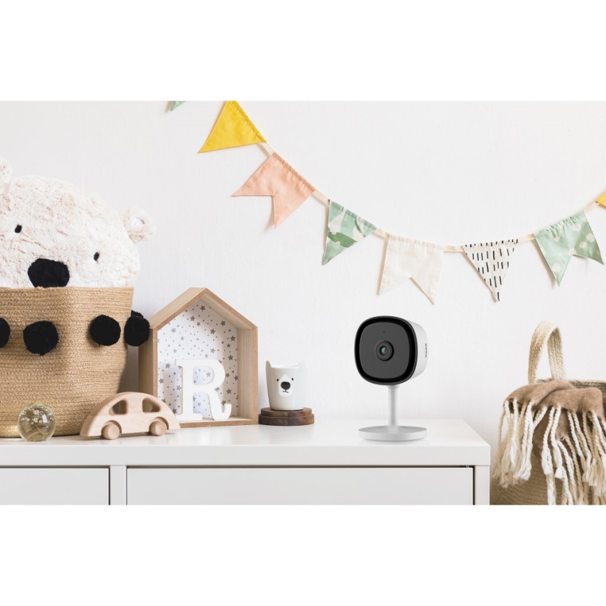 Caméra d'intérieur intelligente avec capteur Full HD 1080p, alimentation 5 V, connectivité Wi‑Fi compatible Tuya — blanche