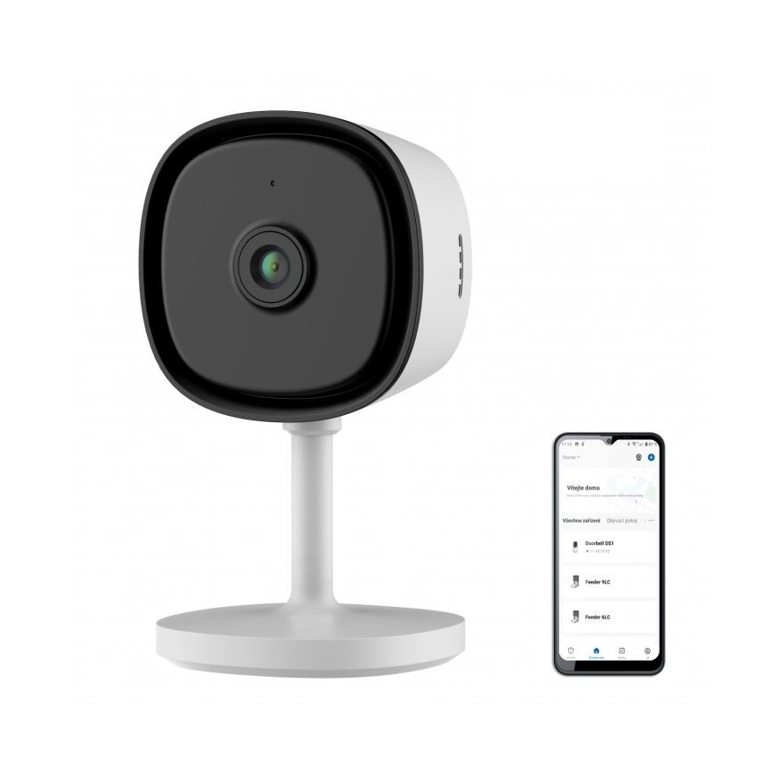 Caméra d'intérieur intelligente avec capteur Full HD 1080p, alimentation 5 V, connectivité Wi‑Fi compatible Tuya — blanche