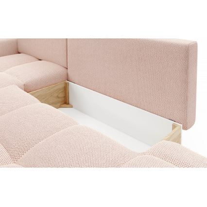 Canapé d'angle rembourré ALMADA en L, convertible et doté d'un coffre de rangement, version gauche, rose