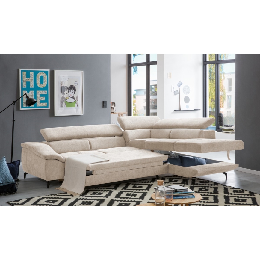 Canapé d'angle convertible en L BRESCIA avec rangement, version droite, beige