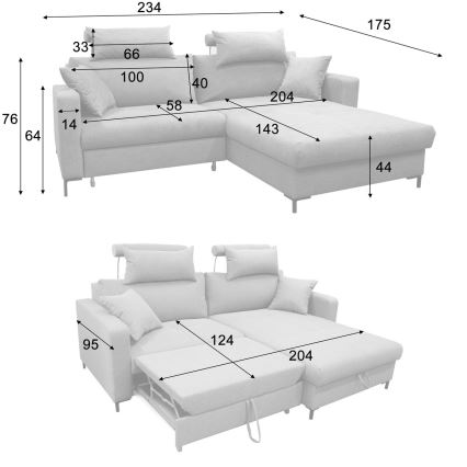 Canapé d'angle convertible avec rangement en L HORTA droit gris