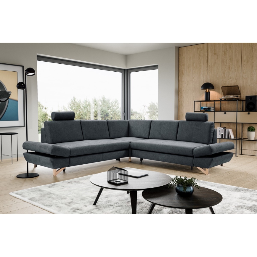 Canapé d'angle convertible rembourré AVESTA en L, version droite, avec coffre de rangement, coloris anthracite