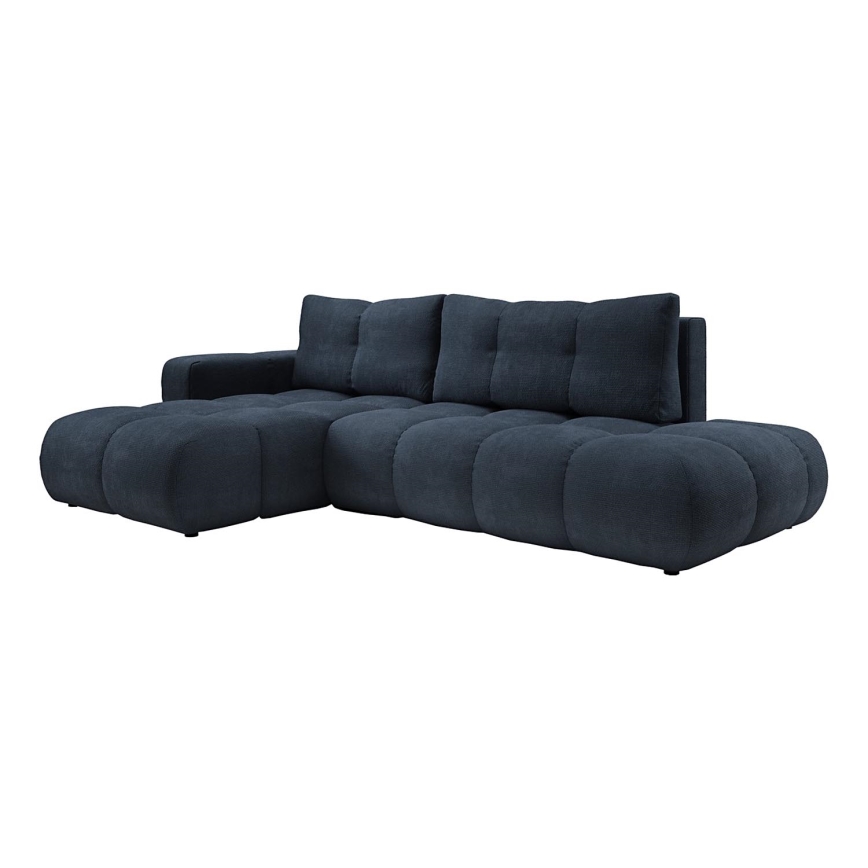 Canapé d'angle convertible en L ALMADA, rembourré et confortable, version gauche, avec coffre de rangement, bleu